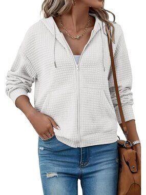 Women's White Zip Up Hoodies Oversized Sweatshirt Casual Waffle Hooded Jackets